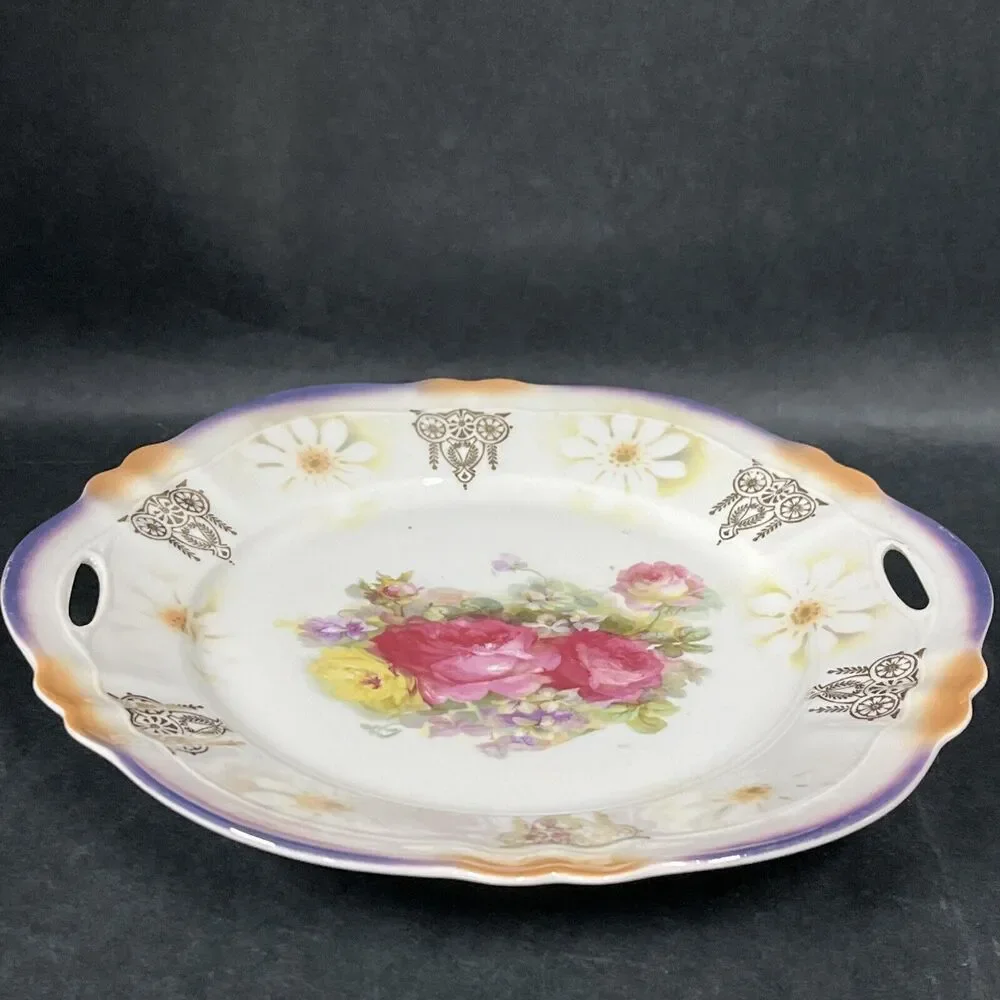 VTG German Porcelain Lusterware Roses Flowers Enclosed Handle‎ Cake Plate 9.75”